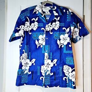 Vintage Hookano Made in Hawaii Blue Hibiscus Aloha Shirt Cotton Medium